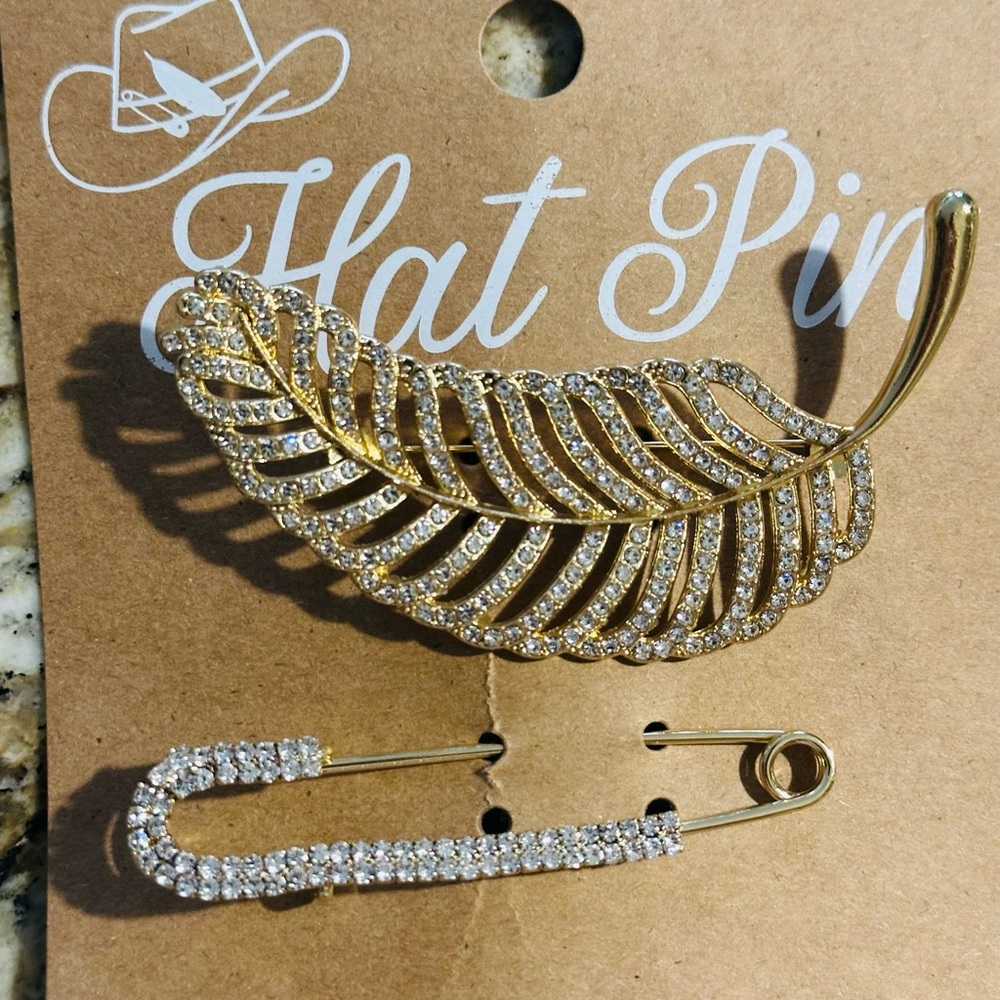 Gold and Bling Leaf Brooch and Hat Pin Set - Picture 3 of 5